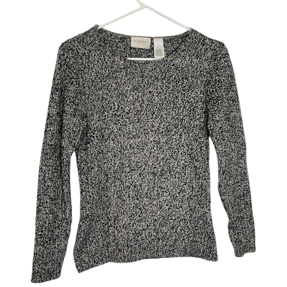 Liz Claiborne M Black White Sweater Marled Knit Crew Neck Classic Dark Academia